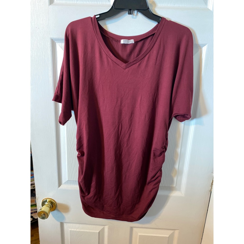 Ekouaer Maternity Top Large Burgundy Ruched Side Short Sleeve V-Neck T-Shirt